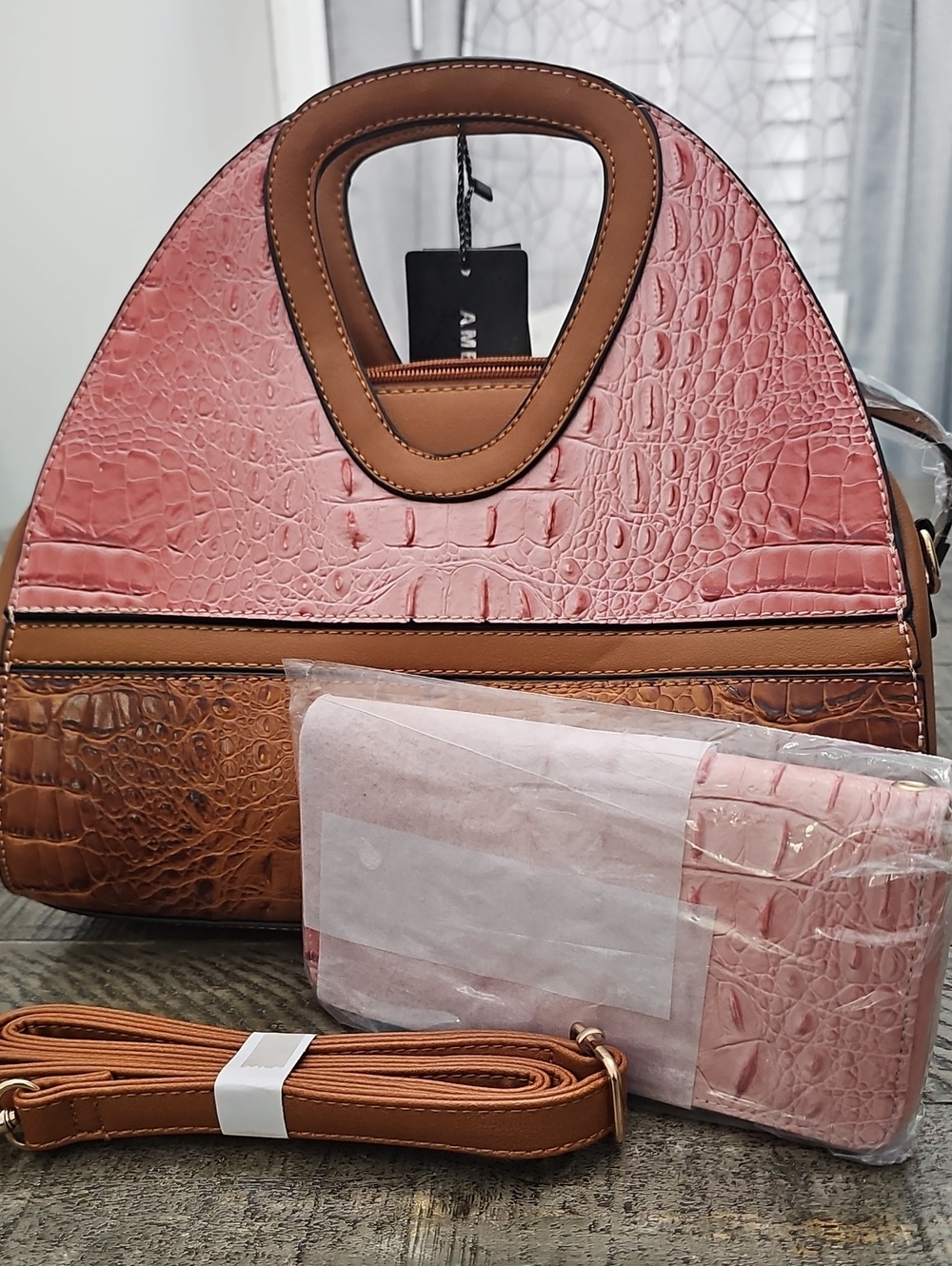 Women's Pink and Brown Croc-Embossed Tote Bag with Matching Wallet